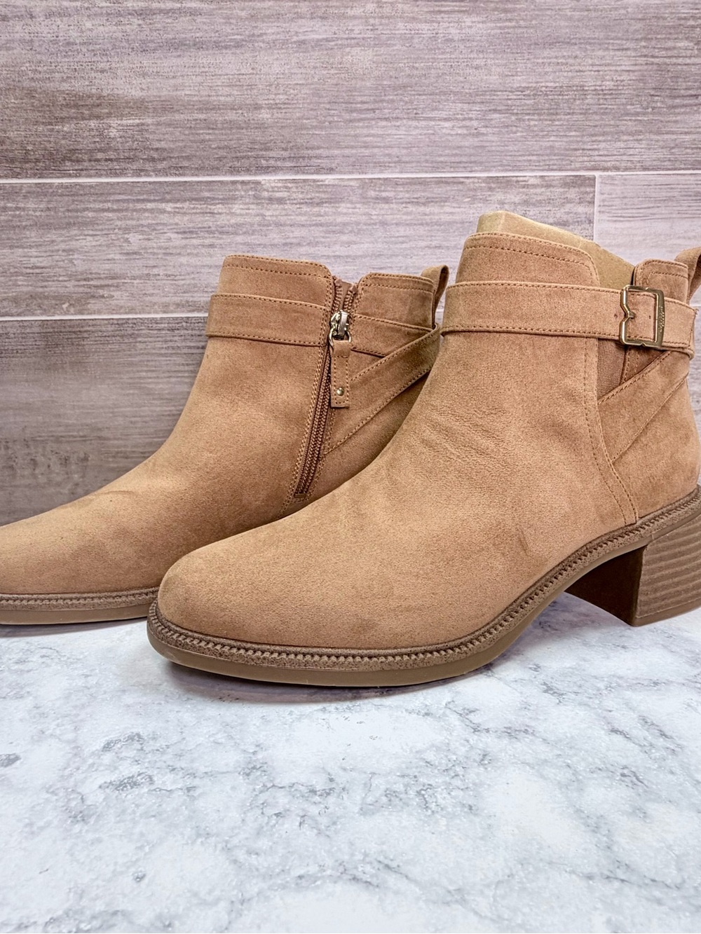 Women’s Ankle Booties in Tan with Buckle Detail